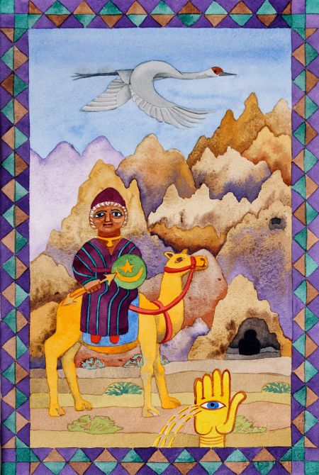 Watercolor, 'Arrival of Al-Lat', by Jenny Badger Sultan. Click to enlarge