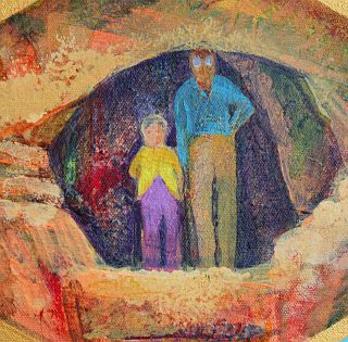 Adult and child in cave. Detail from painting 'Bloodlines', by Jenny Badger Sultan. Click to enlarge