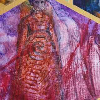 Snake coiled in woman's womb. Detail from painting 'Bloodlines', by Jenny Badger Sultan. Click to enlarge