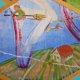 Kids fly broomsticks over a farmhouse. Detail from painting 'Bloodlines', by Jenny Badger Sultan. Click to enlarge
