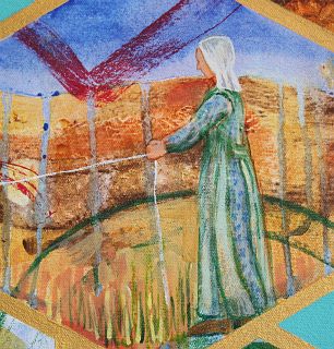 Woman works in garden. Detail from painting 'Bloodlines', by Jenny Badger Sultan. Click to enlarge