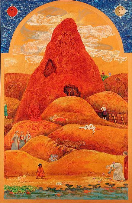 Dream painting titled 'Born in a Cave' by Jenny Badger Sultan. A desert mountain with scattered vignettes telling dreams. Click to enlarge.