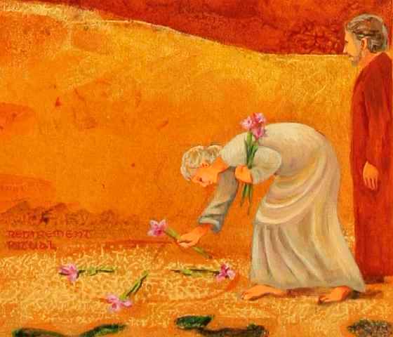 Dream painting titled 'Born in a Cave' by Jenny Badger Sultan. Detail: Retirement Ritual. A robed woman lays purple flowers in a mandala on the earth.