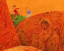 Dream painting titled 'Born in a Cave' by Jenny Badger Sultan. Detail: Two young people run wildly over a grassy hill. An angel or saint appears to be carved into the rocks beneath.