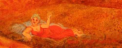 Dream painting titled 'Born in a Cave' by Jenny Badger Sultan. Detail: Red Nightgown. A recumbent woman in a bright red nightgown waves cheerfully.