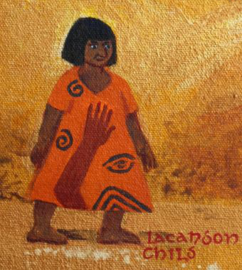 Dream painting titled 'Born in a Cave' by Jenny Badger Sultan. Detail: Lacandon child.