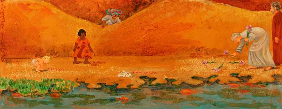 Dream painting titled 'Born in a Cave' by Jenny Badger Sultan. Detail: reeds and orange carp in a pool below a parade of dream figures