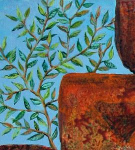 Detail of a dream-painting by Jenny Badger Sultan: a gardenia plant growing from stone wall.