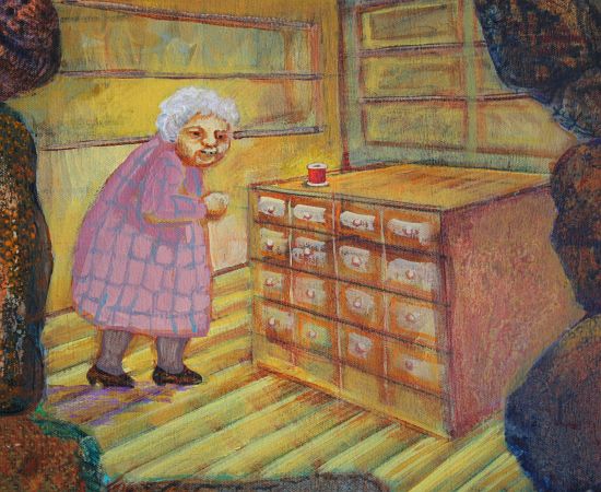 Detail of a dream-painting by Jenny Badger Sultan: an old woman in her notions shop