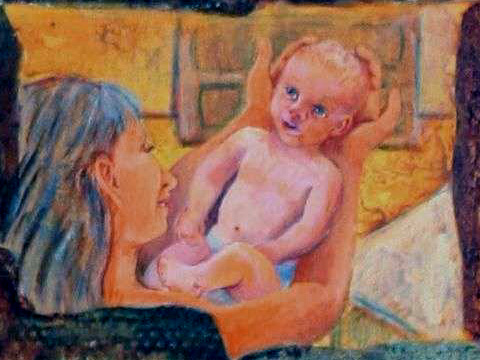 Detail of a dream-painting by Jenny Badger Sultan: a woman admires a newborn baby.