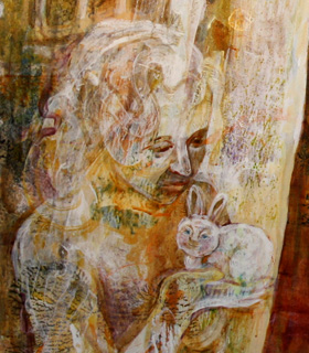 Detail of painting titled 'Circle of Life Renewing--Hagar Qim', by Jenny Badger Sultan: a woman holding a tiny rabbit.