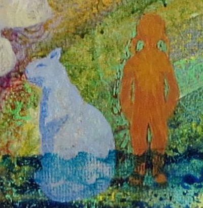 Childhood self with cat, detail of painting 'Clotho and the Pool of Dreams', by Jenny Badger Sultan.
