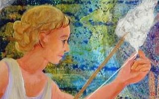 Clotho's face; detail of painting 'Clotho and the Pool of Dreams', by Jenny Badger Sultan. Click to enlarge.