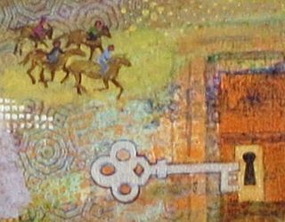 Key and riders, detail of painting 'Clotho and the Pool of Dreams', by Jenny Badger Sultan.