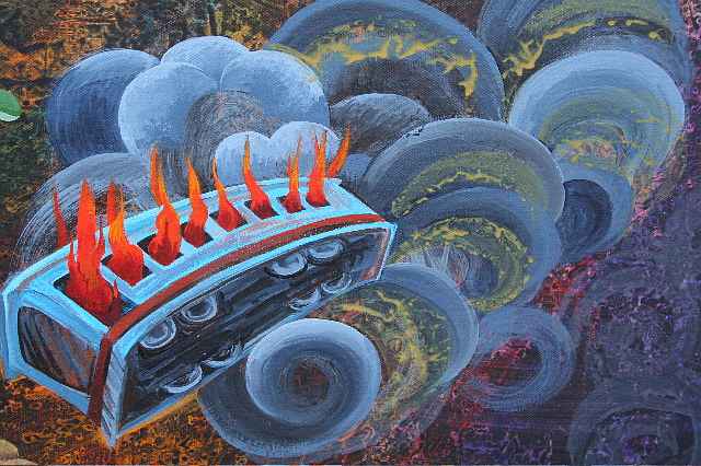 acrylic dream-painting by Jenny Badger Sultan: a  burning trolley car on its side, smoke billowing.