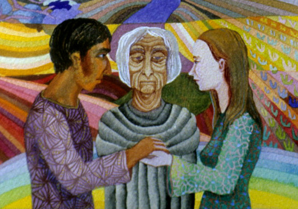Close-up of figures in watercolor painting 'The Couple and the Mother', by Jenny Badger Sultan.