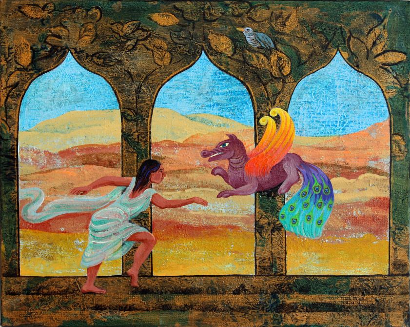 'Dancing with the Simurgh', painted by Jenny Badger Sultan. Click to enlarge