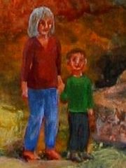 Detail of acrylic painting by Jenny Badger Sultan: 'Descending the Mountain Tower'. Jenny and boy walking.