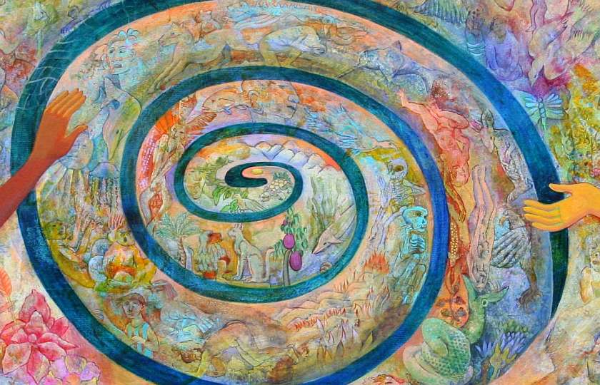 Detail of a painting by Jenny Badger Sultan, 'Dream of the Fate of the Earth'. A huge spiral nautilus. Inside it are all the creatures and peoples of Earth.
