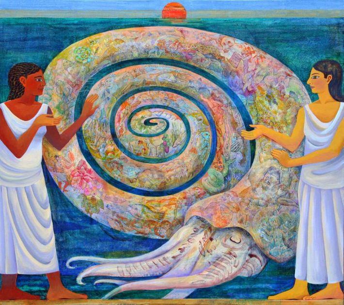 Painting by Jenny Badger Sultan, 'Dream of the Fate of the Earth'. Two women steady a huge spiral nautilus that looks ill. Inside it are all the creatures on Earth. Click to enlarge.