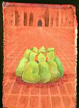 Acrylic painting by Jenny Badger Sultan of a dream: in a plaza of reddish stone, children sit in a tight circle, wearing pointed green hood, like seedpods.
