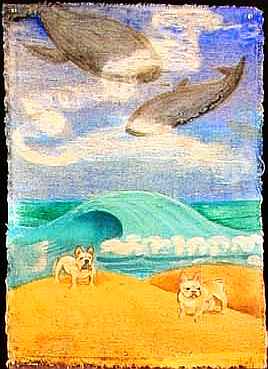 Acrylic painting by Jenny Badger Sultan of a dream: bulldogs guard a beach as whales swim in the sky