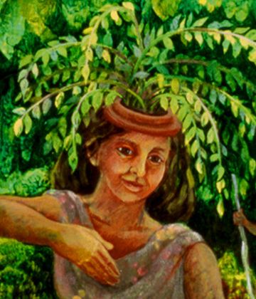 Detail of acrylic painting, 'Green, Green, Spirit of the Spring': girl with plant on her head, by Jenny Badger Sultan.