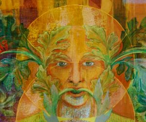 acrylic painting 'The Green Man' (detail: face), by Jenny Badger Sultan.