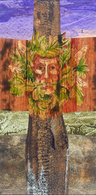 Collage titled 'The Green Man Tree', by Jenny Badger Sultan. Click to enlarge
