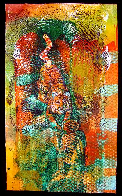 Acrylic painting of a dream by Jenny Badger Sultan: 'Hank and the Bengal Tiger'. Click to enlarge