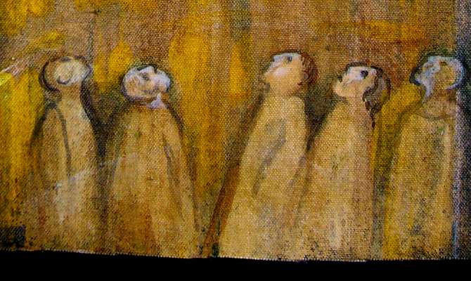 Detail of acrylic painting of a dream by Jenny Badger Sultan: 'Herm'. Five robed figures look up, puzzled.