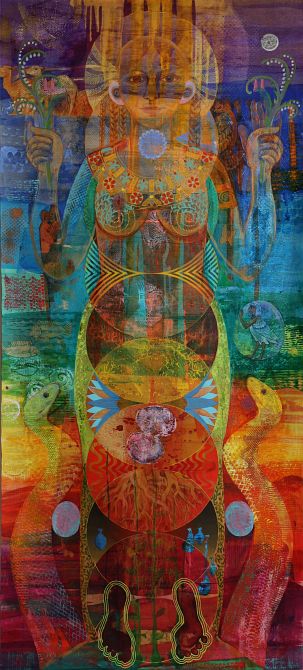 Acrylic painting by Jenny Badger Sultan: 'Kore'. Goddess figure full-face with flowers, birds, snakes, Egyptian and Cretan motifs. Click to enlarge.