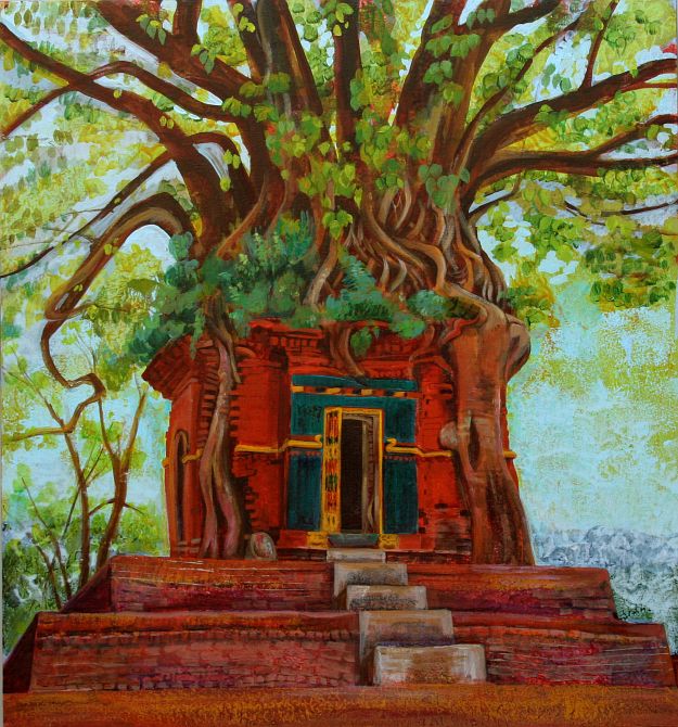 Painting titled 'Krishna Temple Tree', by Jenny Badger Sultan. Click to enlarge