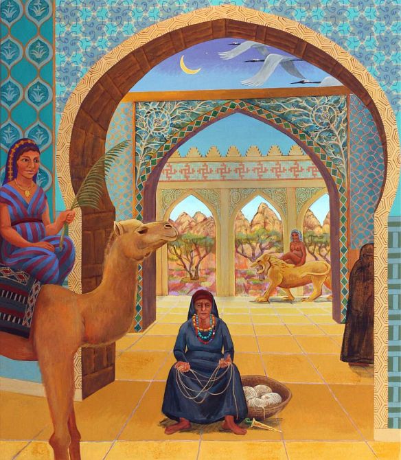 Acrylic painting, 'Al-Lat, Al-Uzza, and Manat--the Exalted Birds', by Jenny Badger Sultan. Click to enlarge