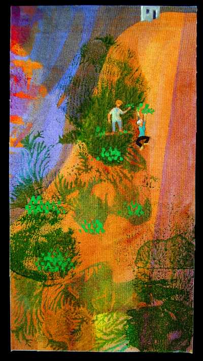 Painting of a dream by Jenny Badger Sultan: 'Laura'. Two small figures climb down a mountain, clinging to brush.