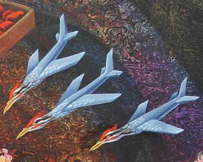 Detail of dream painting by Jenny Badger Sultan: three robot spy-birds like woodpeckers.