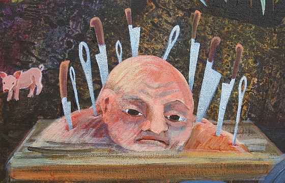 Detail of dream painting by Jenny Badger Sultan: a giant head pinned on a table by knives.