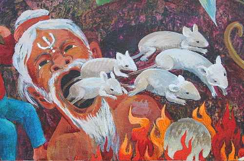Detail of dream painting by Jenny Badger Sultan: mice leap out of a bearded man's mouth