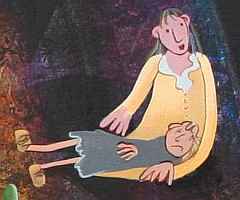 A sketch by Stephanie Van Zandt Nelson of a woman cradling a sad child