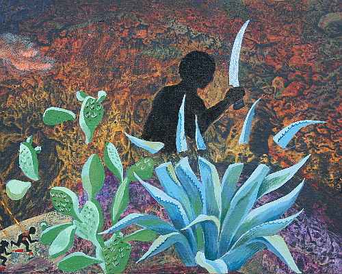 Detail of dream painting by Jenny Badger Sultan: shadowy figure cutting plants