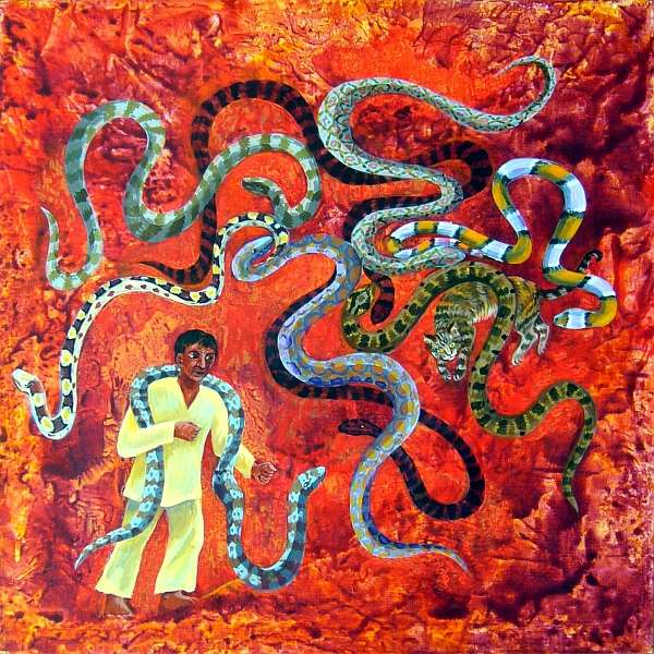 Painting of a dream by Jenny Badger Sultan. A short brown man, nine snakes and a cat meet in a red rocky desert.