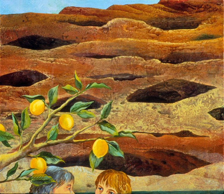 Acrylic painting of a dream: 'Naomi, Caves and Lemon Trees', by Jenny Badger Sultan. Click to enlarge.