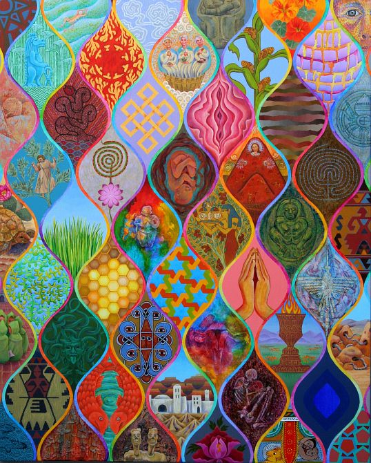 Acrylic painting by Jenny Badger Sultan: 'Personal Excavations'. A composite painting with spindle-shaped interlocking images. Click to enlarge.