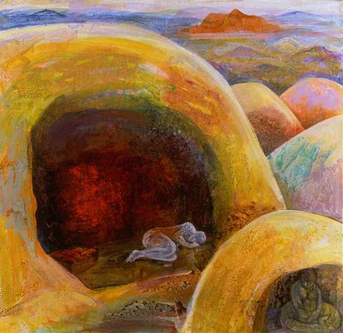 acrylic painting by Jenny Badger Sultan, of a dream of red caves in yellow-ochre hills, where figures sleep and meditate