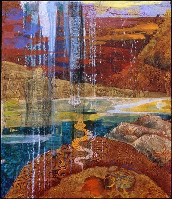 Mixed media painting, 'Serpent Water', by Jenny Badger Sultan. Click to enlarge