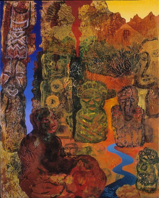 Acrylic painting, 'Speaking about Art with the African Beings', by Jenny Badger Sultan. Click to enlarge