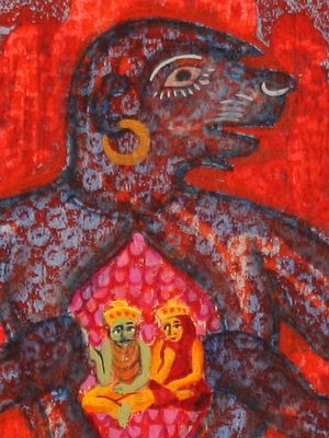 Detail of painting 'Sunrise--Hanuman Ghat', by Jenny Badger Sultan. Click to enlarge.