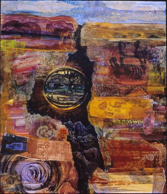 Acrylic painting, 'The Sun Sinks Beneath the Earth--Remains of Men and Women', by Jenny Badger Sultan. Click to enlarge