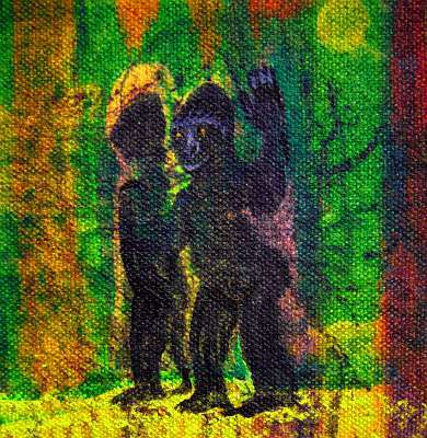 Detail of an acrylic painting of a dream by Jenny Badger Sultan: ' Two Gorillas in the Field'.