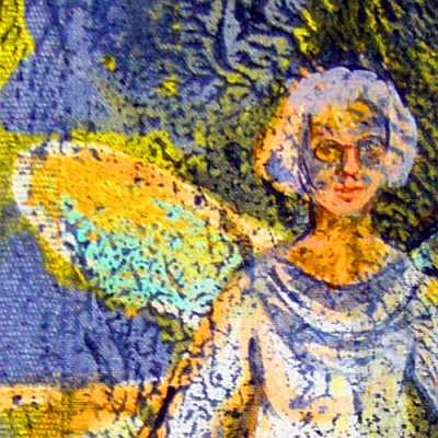 Detail of an acrylic painting of a dream by Jenny Badger Sultan: 'Verity's Wings'.